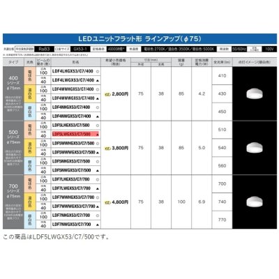 画像2: [メーカー在庫限り] 東芝ライテック　LDF5LWGX53/C7/500　LEDユニットフラット形 ランプユニットのみ 電球色 500シリーズ 中角 φ75mm 受注生産品 [§]