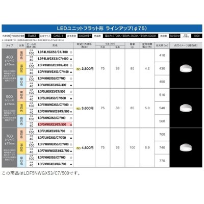 画像2: [メーカー在庫限り] 東芝ライテック　LDF5NWGX53/C7/500　LEDユニットフラット形 ランプユニットのみ 昼白色 500シリーズ 中角 φ75mm 受注生産品 [§]