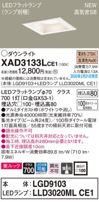 パナソニック　XAD3133LCE1(ランプ別梱)　ダウンライト 天井埋込型 LED(電球色) 美ルック 高気密SB形 集光24度 埋込穴□100 ホワイト