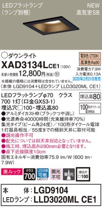 パナソニック　XAD3134LCE1(ランプ別梱)　ダウンライト 天井埋込型 LED(電球色) 美ルック 高気密SB形 集光24度 埋込穴□100 ブラック