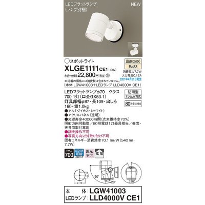 画像1: パナソニック　XLGE1111CE1(ランプ別梱)　エクステリア スポットライト LED(温白色) 天井・壁直付型 拡散タイプ 防雨型 ホワイト
