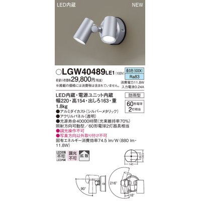 画像1: パナソニック　LGW40489LE1　スポットライト 壁直付型 LED(昼白色) 拡散タイプ 防雨型 パネル付型 シルバーメタリック