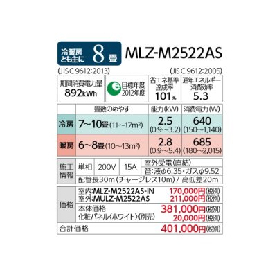 画像4: 三菱 【MLZ-M2522AS＋化粧パネル】 ハウジングエアコン 1方向小能力天井カセット形 Mシリーズ 8畳程度 単相200V [♪Å]