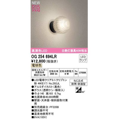 画像1: オーデリック　OG254694LR(ランプ別梱)　エクステリア ポーチライト LEDランプ 電球色 防雨・防湿型