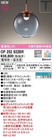オーデリック　OP252922BR　ペンダントライト 調光 調色 Bluetooth コントローラー別売 LED一体型 電球色〜昼光色 プラグタイプ スモークグレー