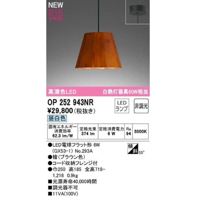 画像1: オーデリック　OP252943NR(ランプ別梱)　ペンダントライト 非調光 LEDランプ 昼白色 フレンジタイプ 檜