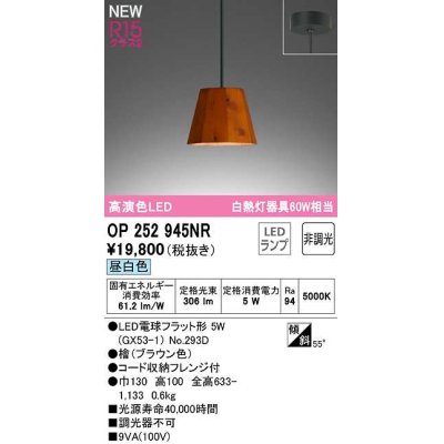 画像1: オーデリック　OP252945NR(ランプ別梱)　ペンダントライト 非調光 LEDランプ 昼白色 フレンジタイプ 檜