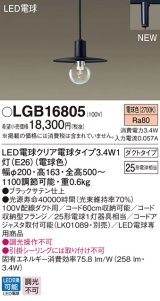 パナソニック　LGB16805　ペンダントライト 配線ダクト取付型 LEDクリア電球（電球色） LED電球交換型 ランプ同梱 ブラック