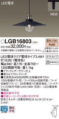 パナソニック　LGB16803　ペンダントライト 配線ダクト取付型 LEDクリア電球（電球色） LED電球交換型 ランプ同梱 ブラック