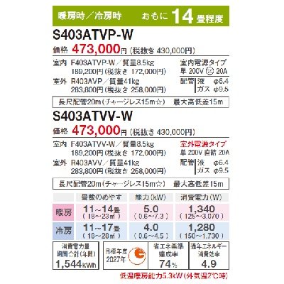 画像3: ダイキン　S403ATVV-W　エアコン 14畳 ルームエアコン VXシリーズ 室外電源タイプ 単相200V 直結20A 14畳程度 ホワイト (S40ZTVXV-Wの後継品) [♭♪]