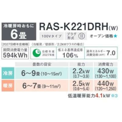 画像3: 東芝　RAS-K221DRH(W)　エアコン 6畳 ルームエアコン K-DRHシリーズ 大清快 単相100 6畳程度 ホワイト [♪]