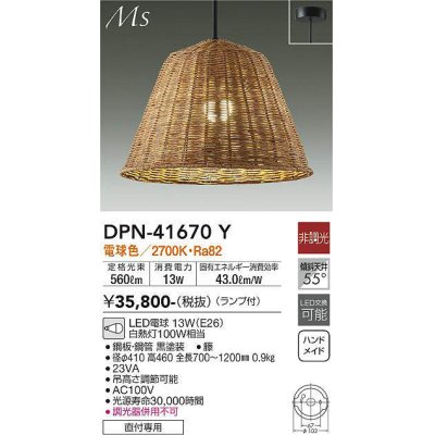画像1: 大光電機(DAIKO) DPN-41670Y ペンダント 非調光 電球色 LED ランプ付 フランジタイプ
