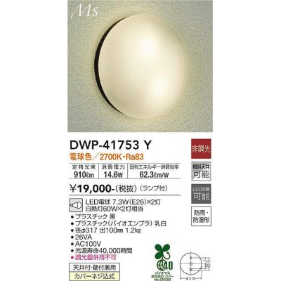 画像1: 大光電機(DAIKO) DWP-41753Y アウトドアライト ポーチ灯 非調光 電球色 LED ランプ付 防雨・防湿形 黒