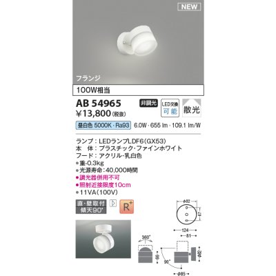 画像1: コイズミ照明 AB54965 スポットライト 非調光 LED 昼白色 直付・壁付取付 フランジ 散光 ファインホワイト