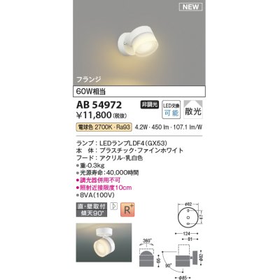 画像1: コイズミ照明 AB54972 スポットライト 非調光 LED 電球色 直付・壁付取付 フランジ 散光 ファインホワイト