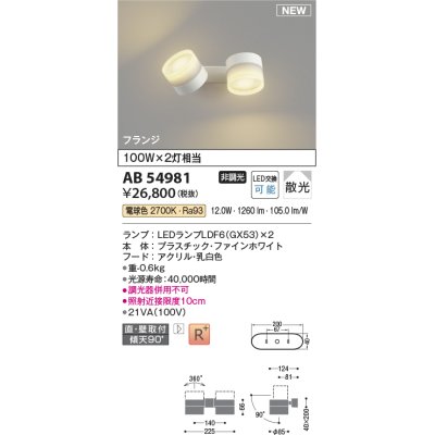 画像1: コイズミ照明 AB54981 スポットライト 非調光 LED 電球色 直付・壁付取付 フランジ 散光 ファインホワイト