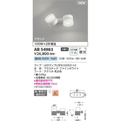 画像1: コイズミ照明 AB54983 スポットライト 非調光 LED 昼白色 直付・壁付取付 フランジ 散光 ファインホワイト