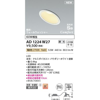 画像1: コイズミ照明 AD1224W27 ダウンライト 埋込穴φ100 調光 調光器別売 LED一体型 電球色 高気密SB形 傾斜・ウォールウォッシャー 防雨・防湿型 パウダリーホワイト