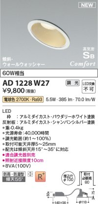 コイズミ照明 AD1228W27 ダウンライト 埋込穴φ100 調光 調光器別売 LED一体型 電球色 高気密SB形 傾斜・ウォールウォッシャー 防雨・防湿型 パウダリーホワイト