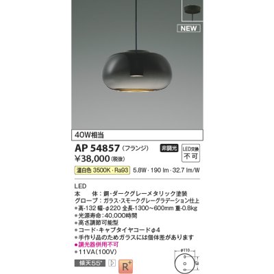 画像1: コイズミ照明 AP54857 ペンダント 非調光 LED一体型 温白色 フランジタイプ スモークグレーグラデーション