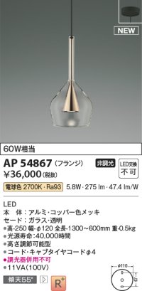 コイズミ照明 AP54867 ペンダント 非調光 LED一体型 電球色 フランジタイプ コッパー色メッキ