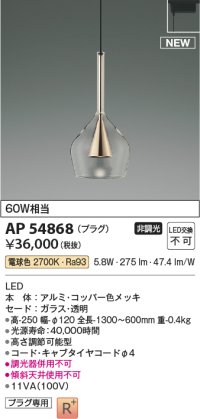 コイズミ照明 AP54868 ペンダント 非調光 LED一体型 電球色 プラグタイプ コッパー色メッキ