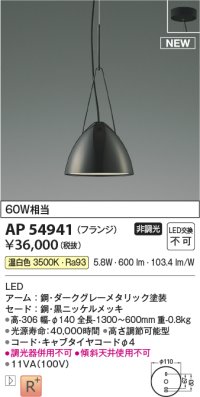 コイズミ照明 AP54941 ペンダント 非調光 LED一体型 温白色 フランジタイプ 黒ニッケルメッキ