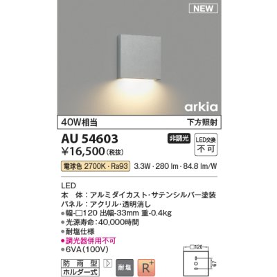 画像1: コイズミ照明 AU54603 ブラケット 非調光 LED一体型 電球色 下方照射 防雨型 サテンシルバー