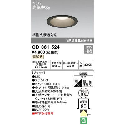 画像1: オーデリック OD361524 エクステリア ダウンライト 埋込穴φ100 LED一体型 電球色 高気密SB 軒下取付専用 防雨型 ブラック