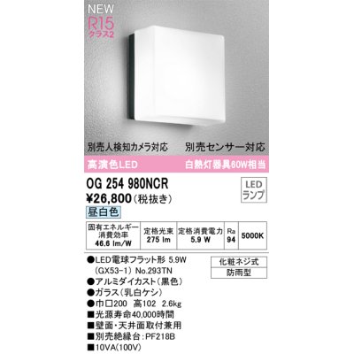 画像1: オーデリック OG254980NCR(ランプ別梱) エクステリア ポーチライト LEDランプ 昼白色 高演色LED 防雨型 黒色