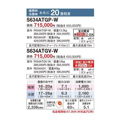 画像2: ダイキン S634ATGP-W エアコン 20畳 ルームエアコン GXシリーズ 単相200V 20A 20畳程度 ホワイト ♪