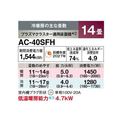 画像2: シャープ AC-40SFH エアコン 14畳 ルームエアコン FHシリーズ 単相100V 20A 冷暖房時14畳程度 ホワイト系♭