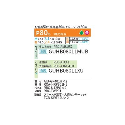 画像2: 日本キヤリア/旧東芝 GUHB08011MUB 業務用エアコン 天井カセット形 4方向吹出し スーパーパワーエコ暖太郎 同時ツイン P80 3馬力 三相200V ワイヤード ♭♪∀