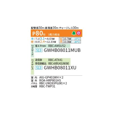 画像2: 日本キヤリア/旧東芝 GWHB08011XU 業務用エアコン 天井カセット形 2方向吹出し スーパーパワーエコ暖太郎 同時ツイン P80 3馬力 三相200V ワイヤレス ♭♪∀