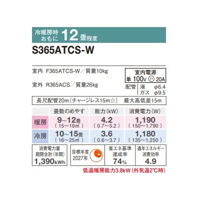 画像2: ダイキン S365ATCS-W エアコン 12畳 ルームエアコン CXシリーズ 単相100V 20A 12畳程度 ホワイト (S364ATCS-W 後継品) ♪
