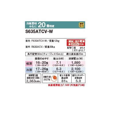 画像2: ダイキン S635ATCV-W エアコン 20畳 ルームエアコン CXシリーズ 室外電源タイプ 単相200V 20A 20畳程度 ホワイト (S634ATCV-W 後継品) ♪