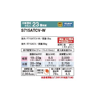 画像2: ダイキン S715ATCV-W エアコン 23畳 ルームエアコン CXシリーズ 室外電源タイプ 単相200V 20A 23畳程度 ホワイト (S714ATCV-W 後継品) ♪