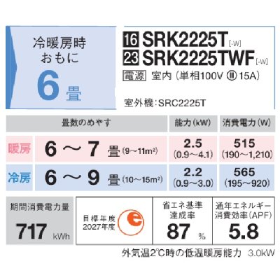 画像2: 三菱重工 SRK2225TWF-W エアコン 6畳 ルームエアコン TWFシリーズ ビーバーエアコン 単相100V 15A 6畳程度 ファインスノー (SRK2224TWF-Wの後継品) ♪