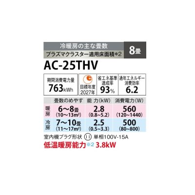画像2: シャープ AC-25THV エアコン 8畳 ルームエアコン HVシリーズ プラズマクラスター 単相100V 8畳程度 ホワイト (AC-25PHVの後継品)
