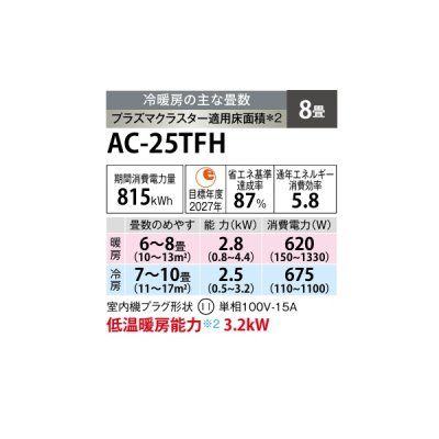 画像2: シャープ AC-25TFH エアコン 8畳 ルームエアコン FHシリーズ プラズマクラスター 単相100V 8畳程度 ホワイト (AC-25SFHの後継品)