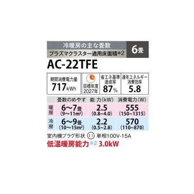 画像2: シャープ AC-22TFE エアコン 6畳 ルームエアコン FEシリーズ プラズマクラスター 単相100V 6畳程度 ホワイト (AC-22SFEの後継品)