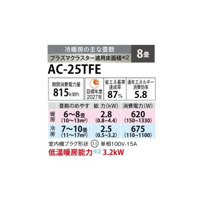 画像2: シャープ AC-25TFE エアコン 8畳 ルームエアコン FEシリーズ プラズマクラスター 単相100V 8畳程度 ホワイト (AC-25SFEの後継品)
