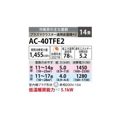 画像2: シャープ AC-40TFE2 エアコン 14畳 ルームエアコン FEシリーズ プラズマクラスター 単相200V 14畳程度 ホワイト (AC-40SFE2の後継品)