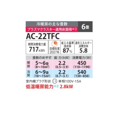 画像2: シャープ AC-22TFC エアコン 6畳 ルームエアコン FCシリーズ プラズマクラスター 単相100V 6畳程度 ホワイト