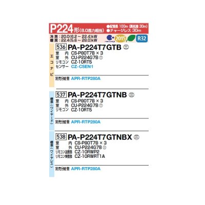 画像2: パナソニック [PA-P224T7GTNBX＋分岐管] 業務用エアコン 天井吊形 標準(ワイヤレス) 同時トリプル P224 形8.0馬力 三相200V ♪