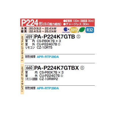 画像2: パナソニック [PA-P224K7GTBX＋分岐管] 業務用エアコン 壁掛形 エコナビ(ワイヤレス) 同時トリプル P224 形8.0馬力 三相200V ♪
