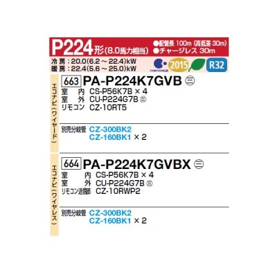 画像2: パナソニック [PA-P224K7GVBX＋分岐管] 業務用エアコン 壁掛形 エコナビ(ワイヤレス) 同時ダブルツイン P224 形8.0馬力 三相200V ♪
