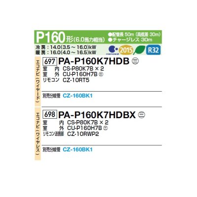 画像2: パナソニック [PA-P160K7HDBX＋分岐管] 業務用エアコン 壁掛形 XEPHY Eco エコナビ(ワイヤレス) 同時ツイン P160形 6.0馬力 三相200V ♪