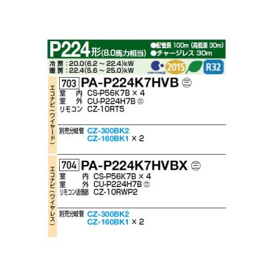 画像2: パナソニック [PA-P224K7HVBX＋分岐管] 業務用エアコン 壁掛形 XEPHY Eco エコナビ(ワイヤレス) 同時ダブルツイン P224形 8.0馬力 三相200V ♪