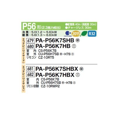 画像2: パナソニック PA-P56K7SHBX 業務用エアコン 壁掛形 XEPHY Eco エコナビ(ワイヤレス) シングル P56形 2.3馬力 単相200V ♪